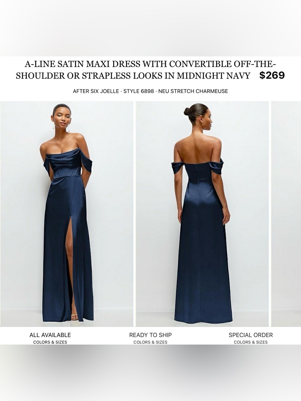 After Six Navy Convertible Off-Shoulder Satin Maxi Dress